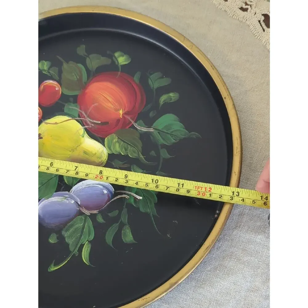 Vintage Handpainted Tole Style   Black Lacquer Metal Serving Tray Wall Decor